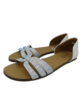 Guess Womens 8 ELIZE Iridescent Rainbow Rhinestone Flat Sandals Faux Leather